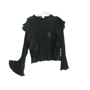 Goldie Black High Neck Ruffle Sheer Plisse Blouse Top Large NWT Romantic Fairy